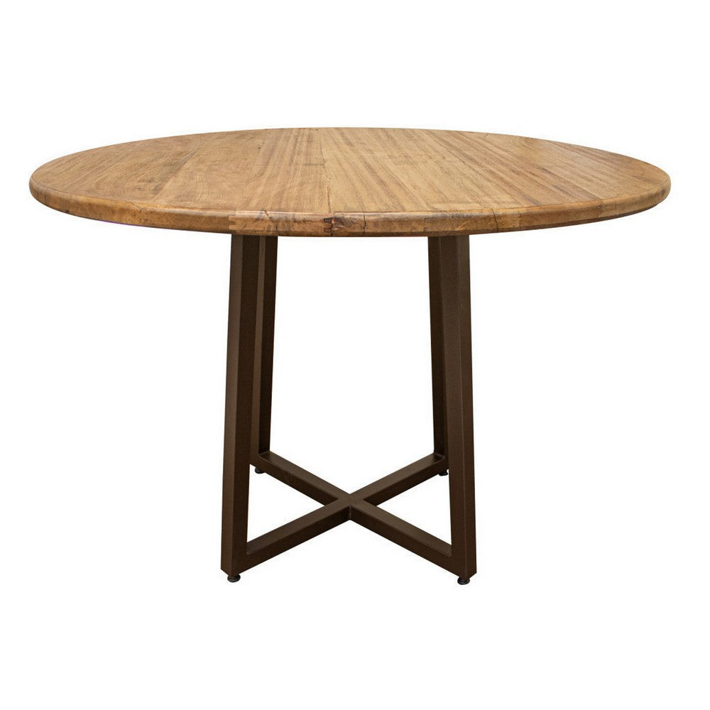 Asic 47 Inch Dining Table Brown Mango Wood Round Top Cross Metal Base By Casagear Home BM316431