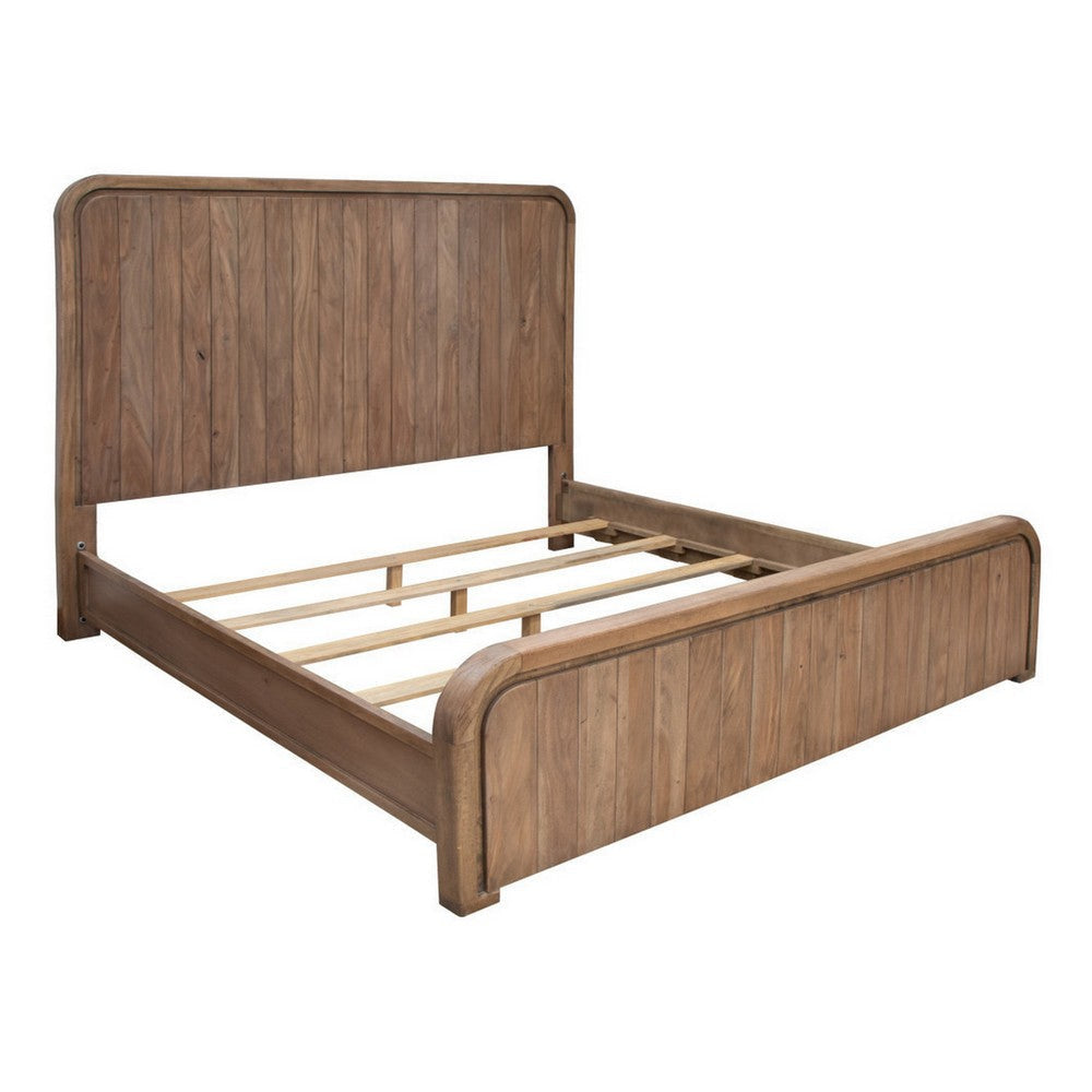 Okai King Bed, Vertical Lines, Round Edge Panel Headboard, Brown Solid Wood By Casagear Home