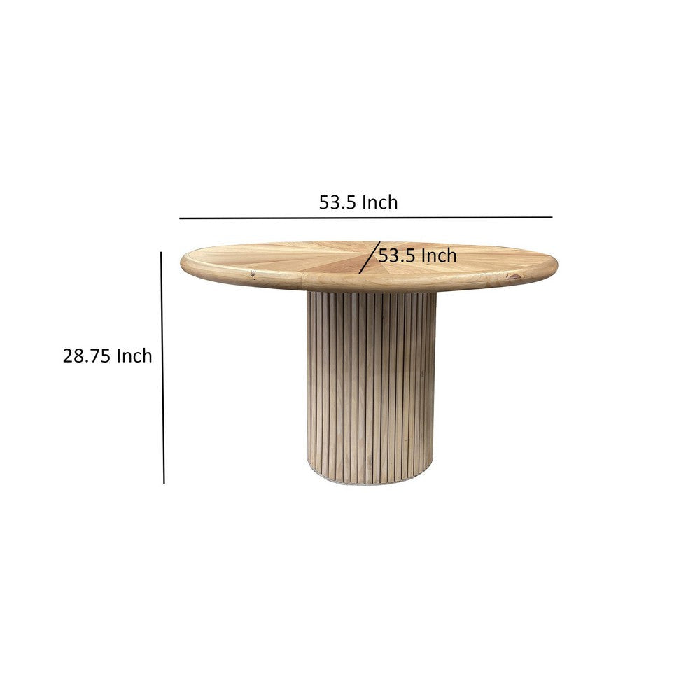 Izya 54 Inch Dining Table Slatted Round Column Base Brown Oak Wood Top By Casagear Home BM316440