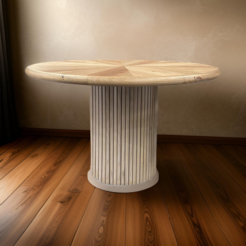 Izya 54 Inch Dining Table Slatted Round Column Base Brown Oak Wood Top By Casagear Home BM316440