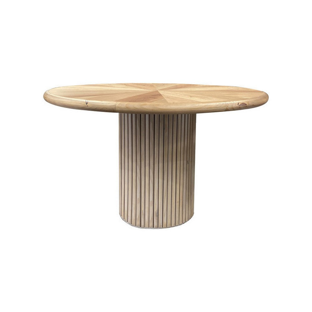 Izya 54 Inch Dining Table, Slatted Round Column Base, Brown Oak Wood Top By Casagear Home