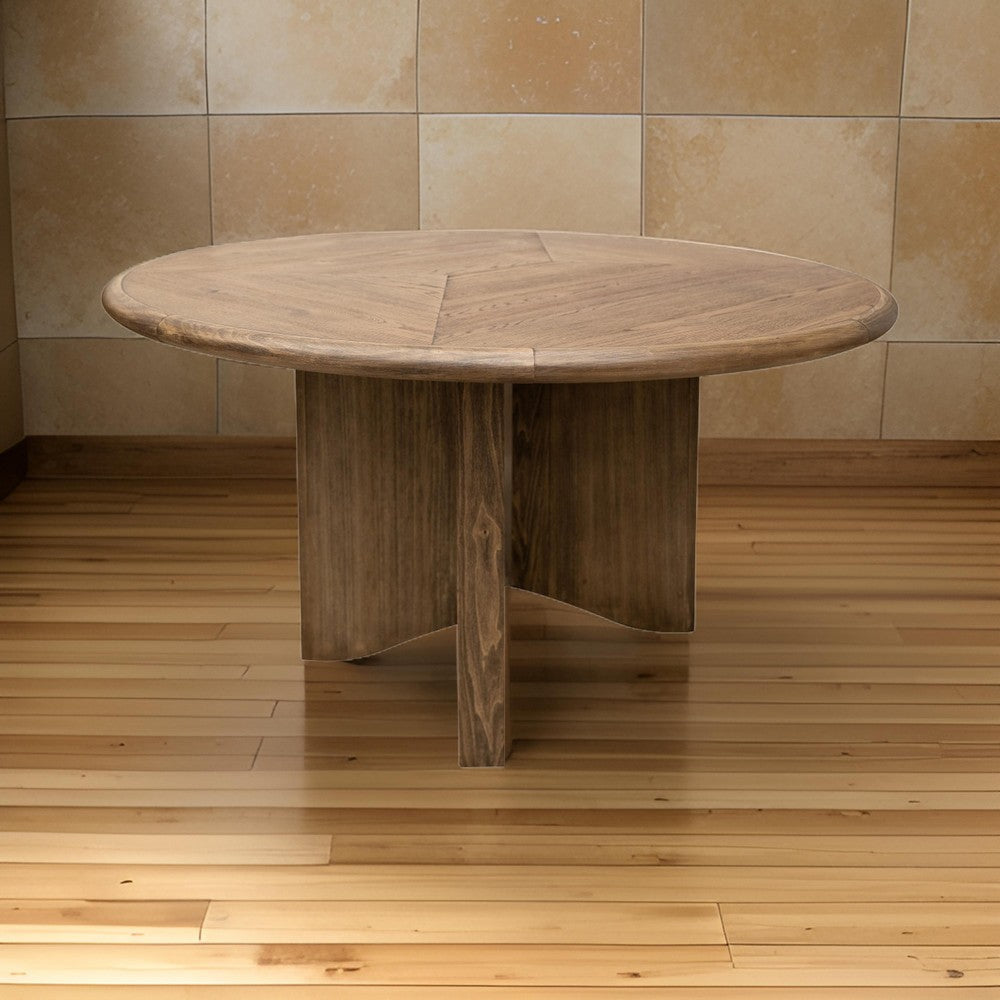 Loe 54 Inch Dining Table Cross Base Round Top Solid Wood Brown Oak Veneer By Casagear Home BM316443