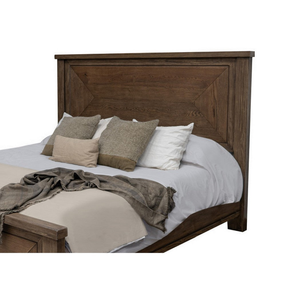 Loe Queen Size Bed Raised Panel Headboard Farmhouse Brown Oak Veneer By Casagear Home BM316445