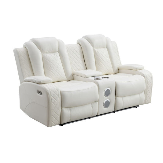 Nova Luxury Manual Recliner Loveseat In White with USB, Lights, Speakers  By Casagear Home