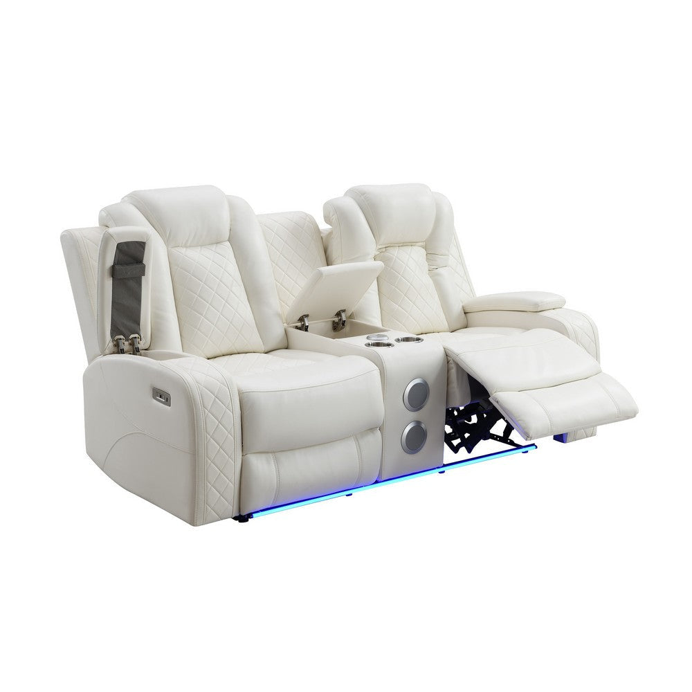 Nova Luxury Power Recliner Loveseat in White with USB Lights Speakers By Casagear Home BM316462