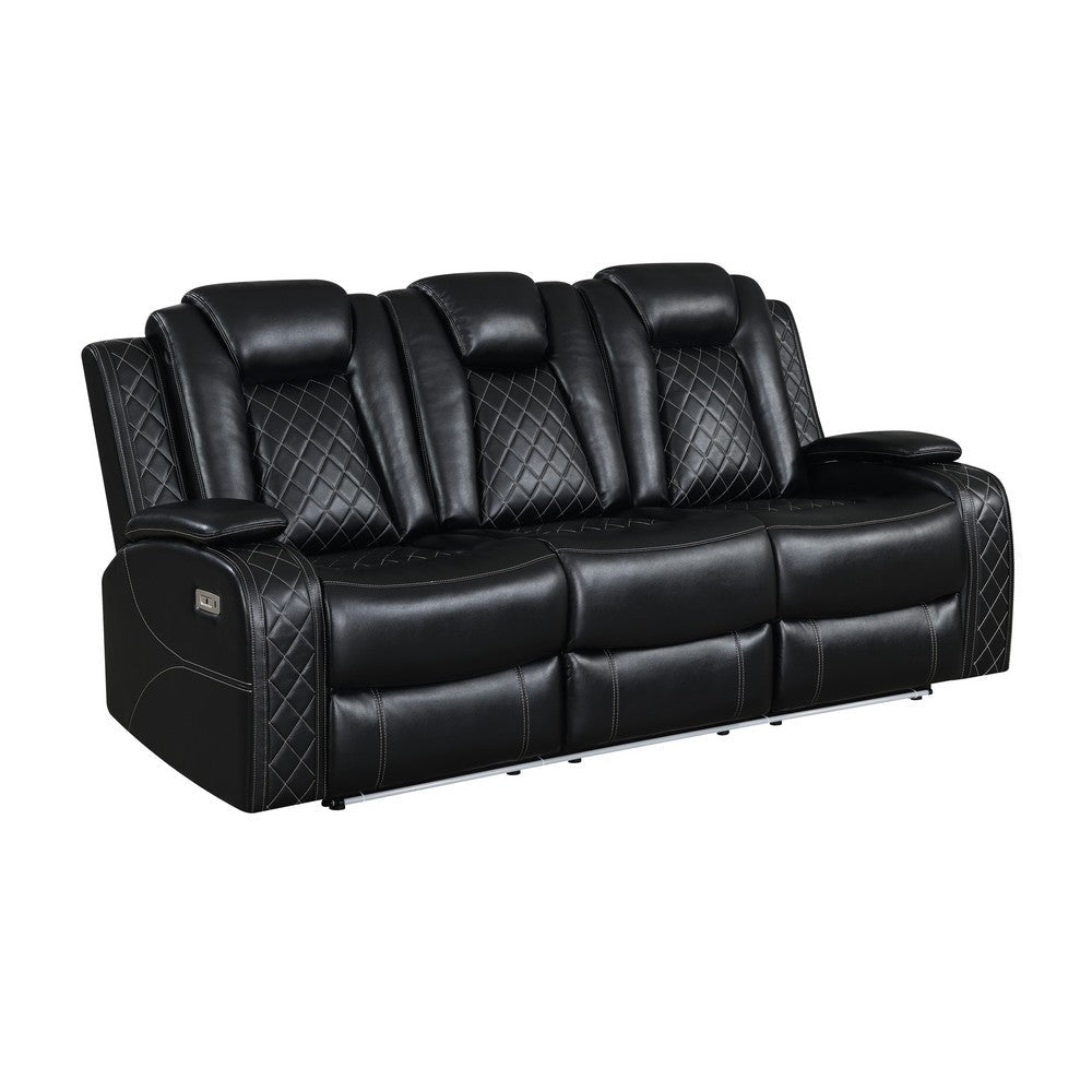 Nova Luxury Power Recliner Sofa, Drop Down Tray, Speakers, USB, Black By Casagear Home