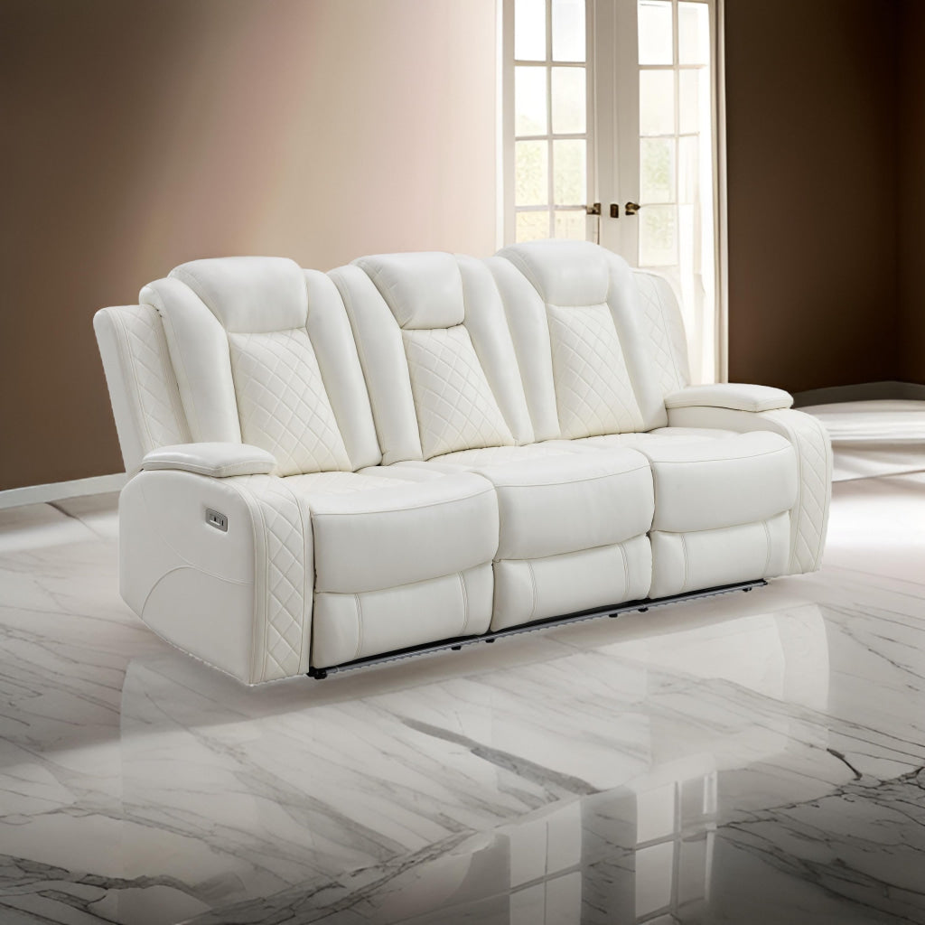 Nova Luxury Power Recliner Sofa, Drop Down Tray, Speakers, USB, White By Casagear Home