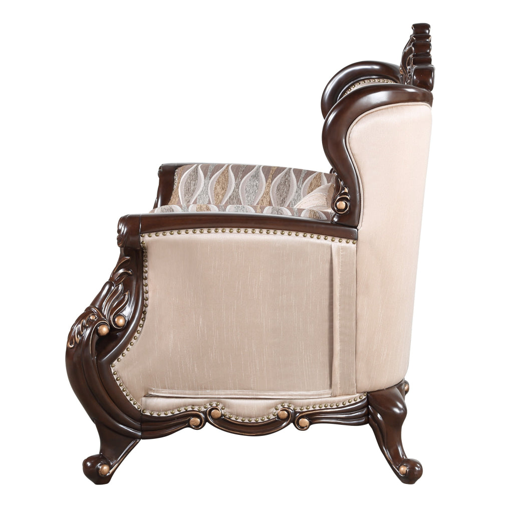 Cona 39 Inch Accent Chair Gold Carved Details Brown Button Tufted Beige By Casagear Home BM316470