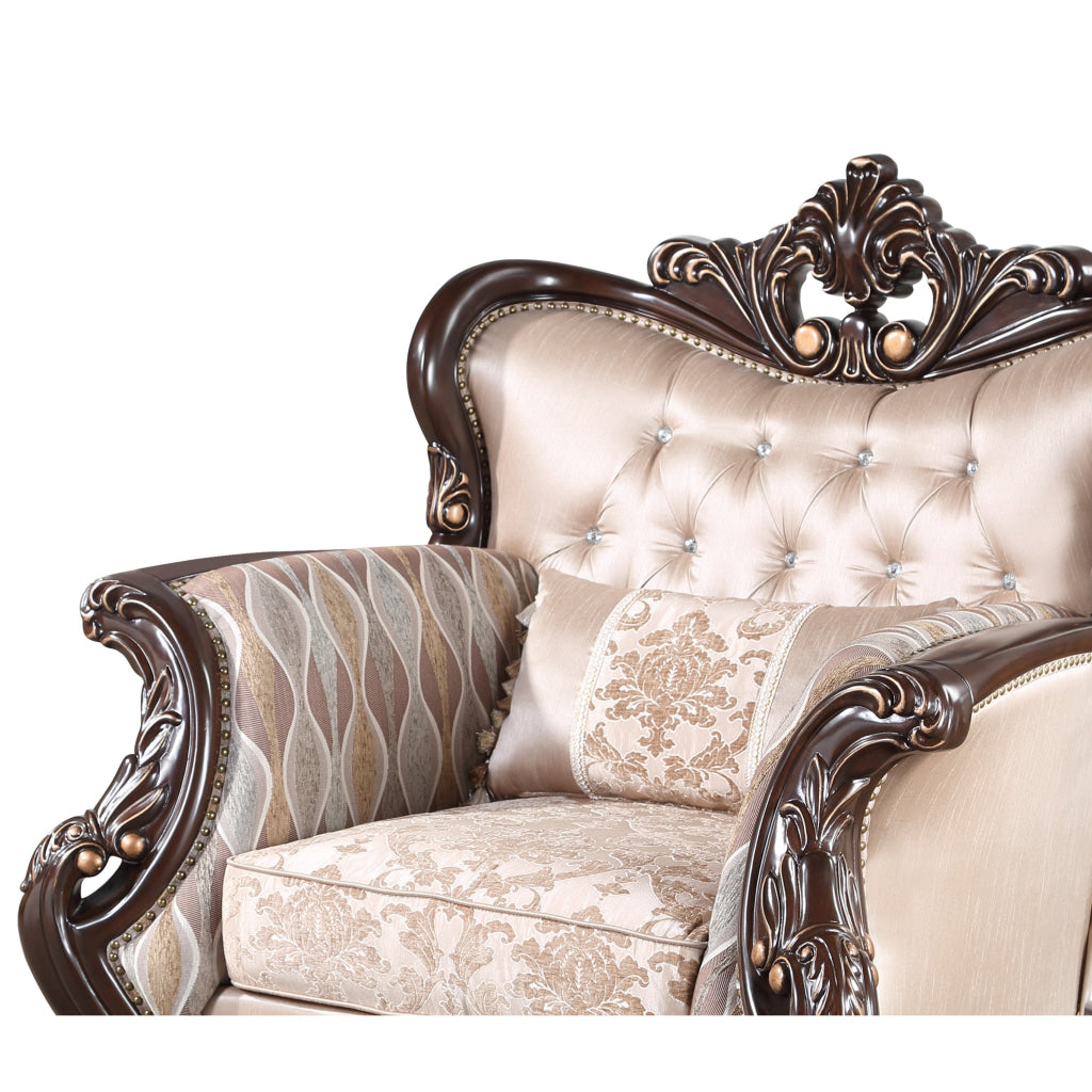 Cona 39 Inch Accent Chair Gold Carved Details Brown Button Tufted Beige By Casagear Home BM316470