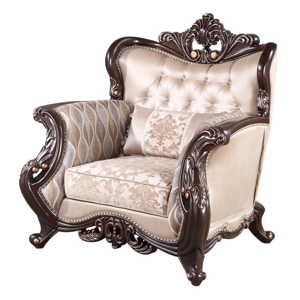 Cona 39 Inch Accent Chair Gold Carved Details Brown Button Tufted Beige By Casagear Home BM316470