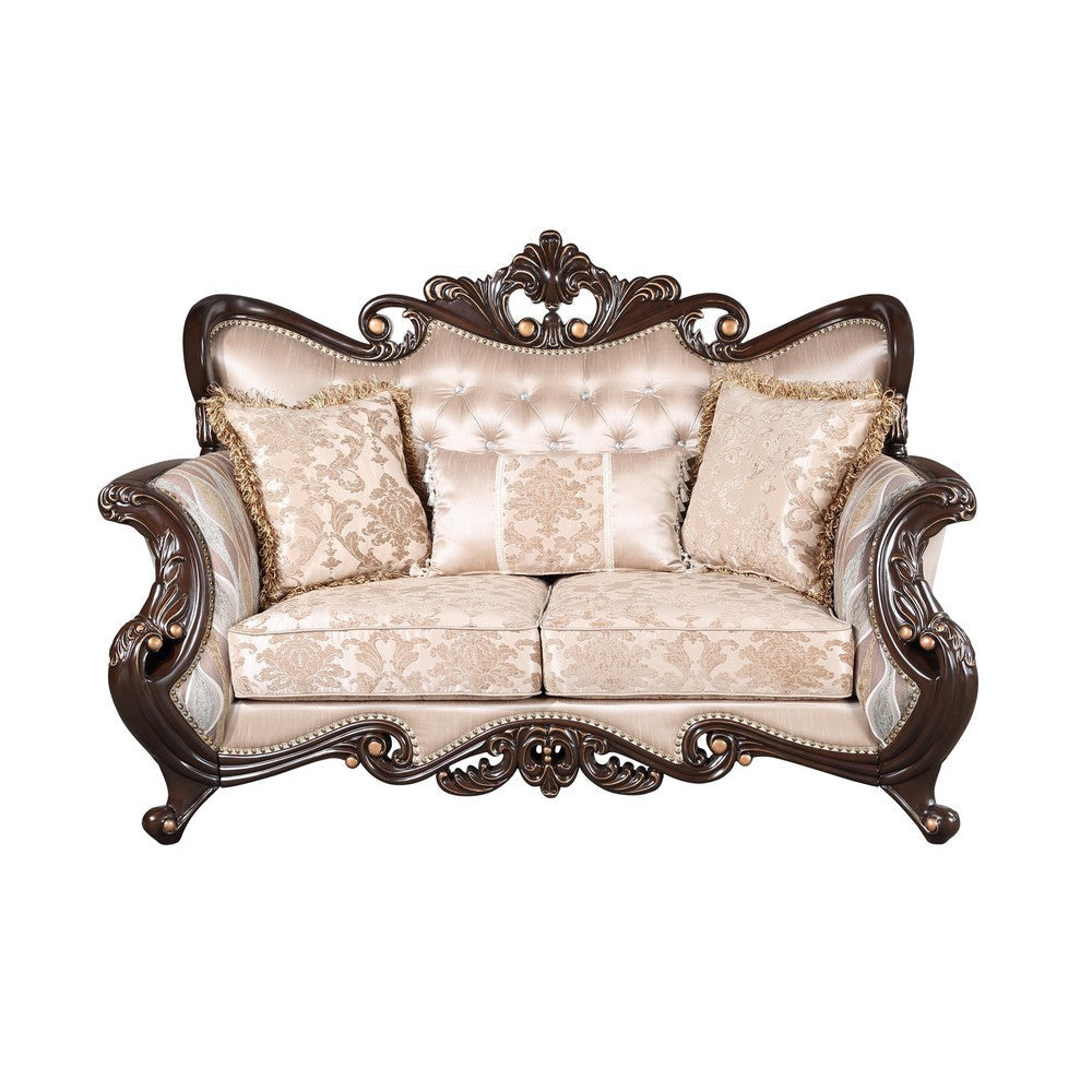 Cona 70 Inch Loveseat Gold Carved Details Brown Button Tufted Beige By Casagear Home BM316471