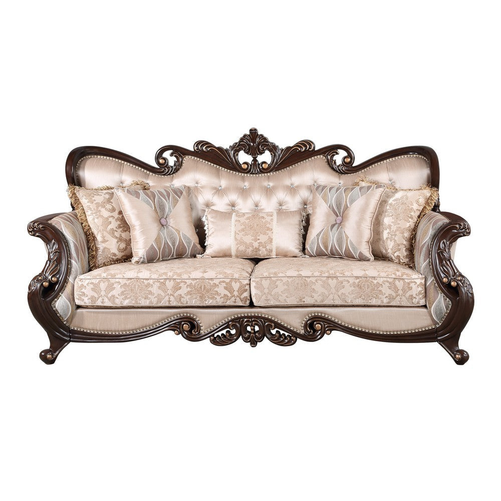 Cona 95 Inch Sofa Classic Gold Carved Details Brown Button Tufted Beige By Casagear Home BM316472