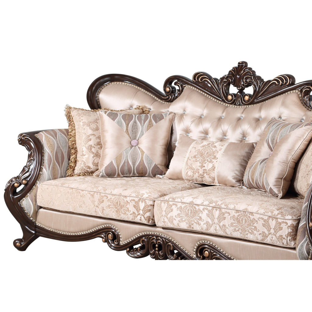 Cona 95 Inch Sofa Classic Gold Carved Details Brown Button Tufted Beige By Casagear Home BM316472