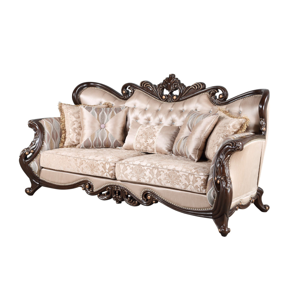 Cona 95 Inch Sofa Classic Gold Carved Details Brown Button Tufted Beige By Casagear Home BM316472