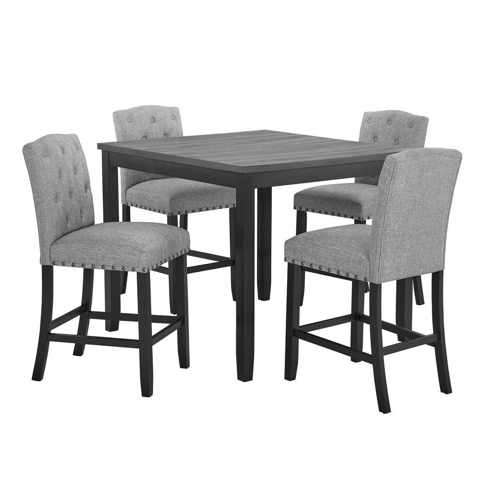 Phy 5pc Counter Table and Chairs Set Nailheads Tufted Gray Fabric Black By Casagear Home BM316474