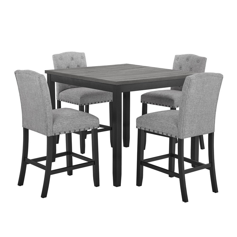 Phy 5pc Counter Table and Chairs Set, Nailheads, Tufted Gray Fabric, Black By Casagear Home