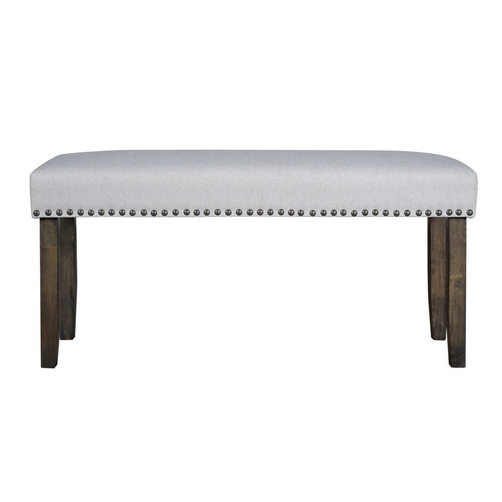 Luo 43 Inch Dining Bench Nailhead Accent Soft Gray Upholstery Brown Wood By Casagear Home BM316480