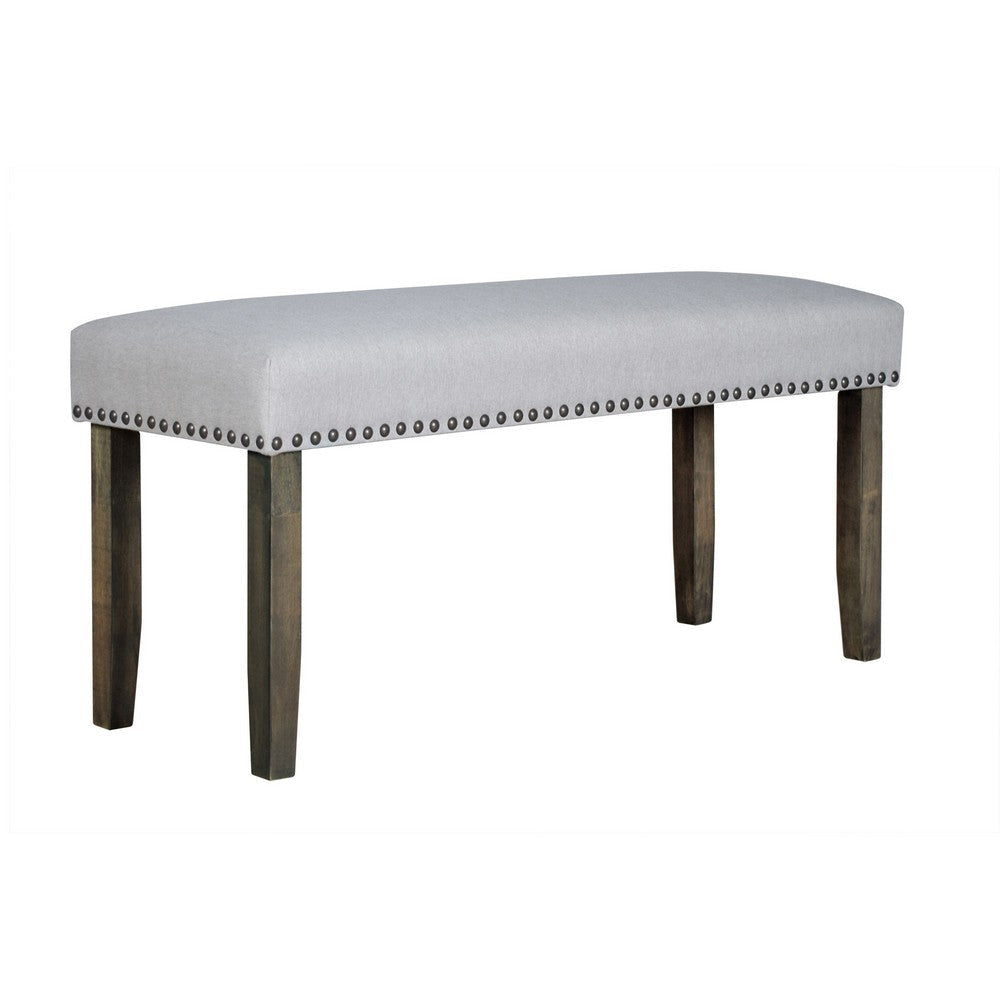 Luo 43 Inch Dining Bench, Nailhead Accent Soft Gray Upholstery, Brown Wood By Casagear Home