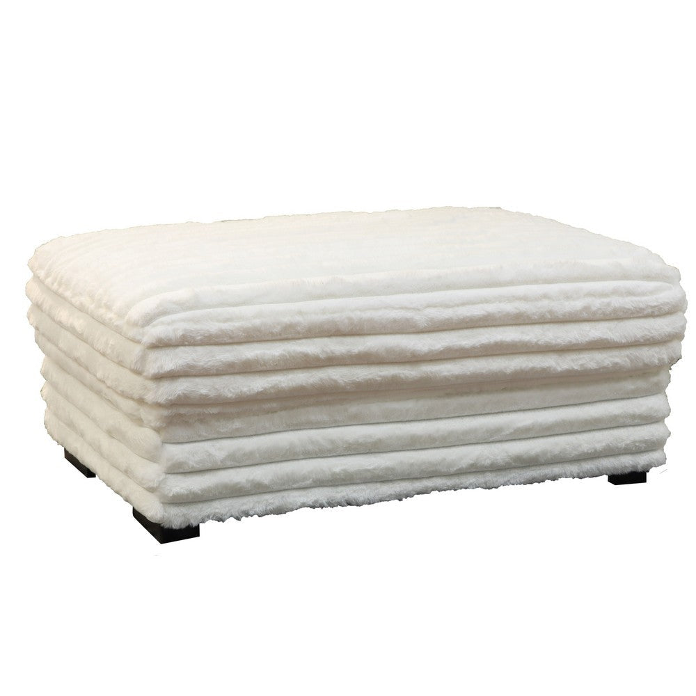 Ezo 41 Inch Ottoman, Layered Plush White Fabric Upholstery, Modern By Casagear Home