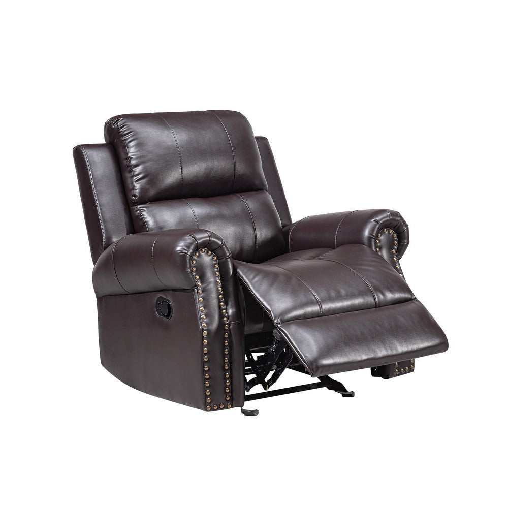 Tavi 37 Inch Glider Chair Manual Recliner Nailhead Trim Brown Upholstery By Casagear Home BM316485