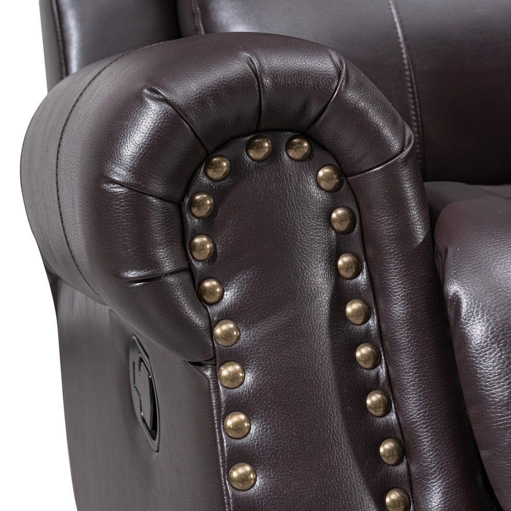 Tavi 37 Inch Glider Chair Manual Recliner Nailhead Trim Brown Upholstery By Casagear Home BM316485