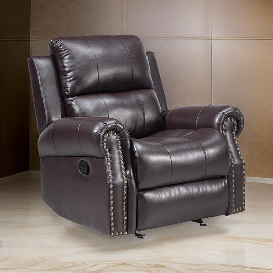 Tavi 37 Inch Glider Chair Manual Recliner Nailhead Trim Brown Upholstery By Casagear Home BM316485