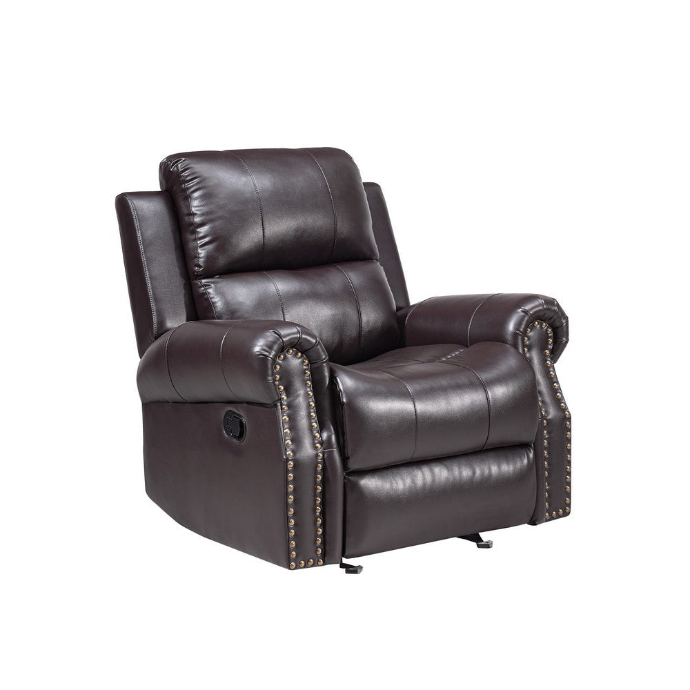 Tavi 37 Inch Glider Chair Manual Recliner Nailhead Trim Brown Upholstery By Casagear Home BM316485