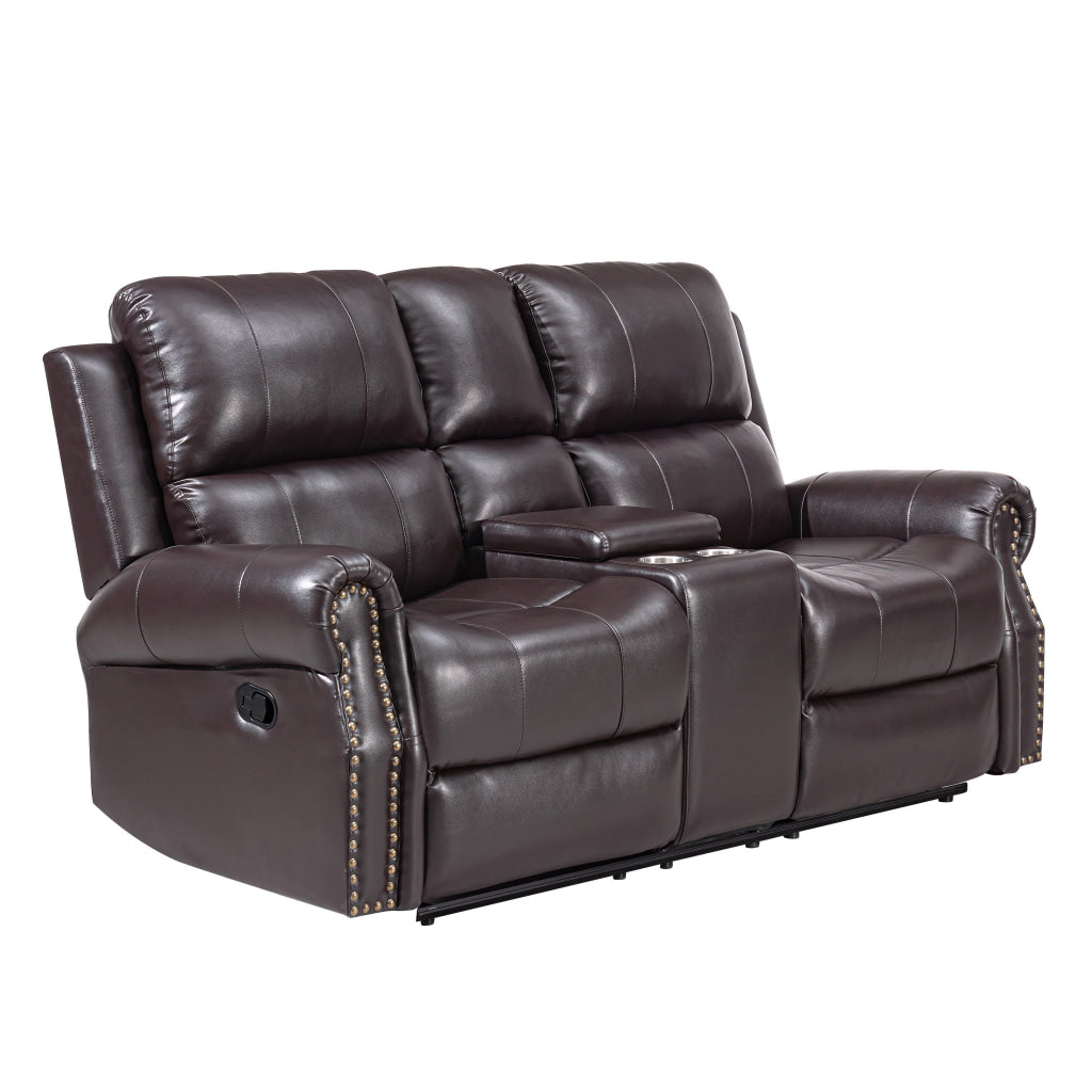 Tavi 74 Inch Console Loveseat, Dual Manual Recliner, Nailhead Trim, Brown By Casagear Home