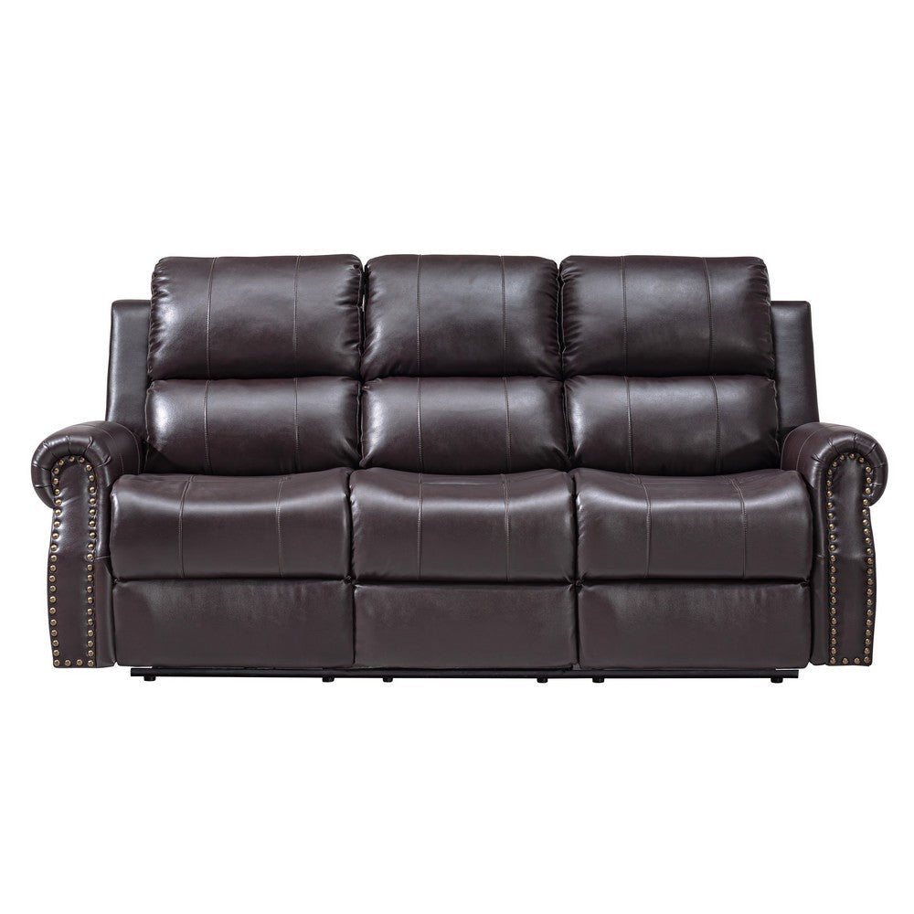 Tavi 83 Inch Sofa Dual Manual Recliner Nailhead Trim Brown Upholstery By Casagear Home BM316489