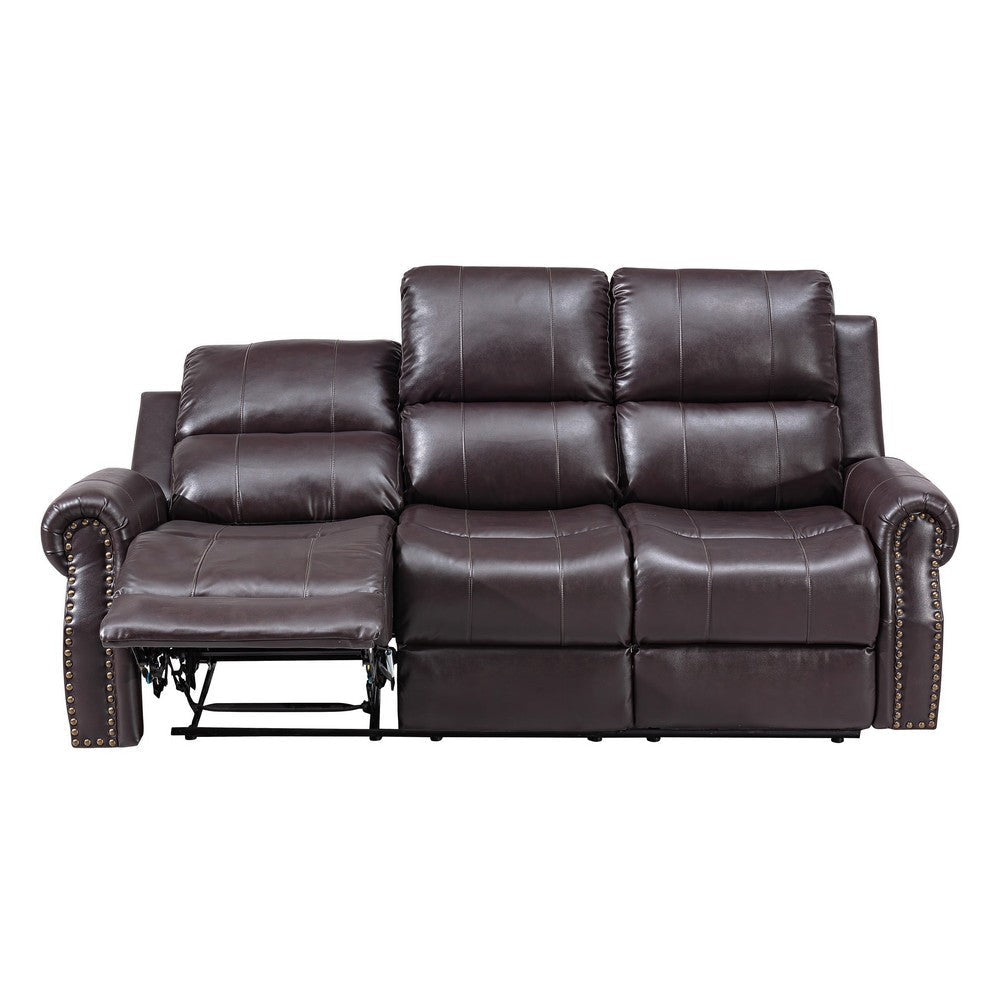 Tavi 83 Inch Sofa Dual Manual Recliner Nailhead Trim Brown Upholstery By Casagear Home BM316489