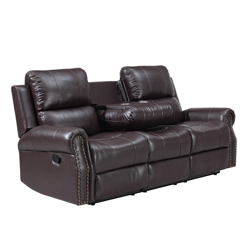 Tavi 83 Inch Sofa Dual Manual Recliner Nailhead Trim Brown Upholstery By Casagear Home BM316489