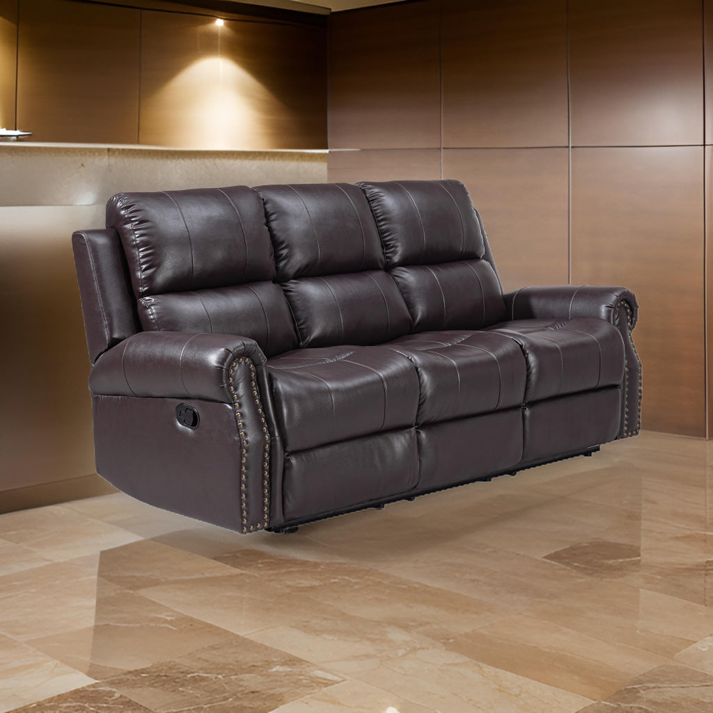 Tavi 83 Inch Sofa, Dual Manual Recliner, Nailhead Trim, Brown Upholstery By Casagear Home