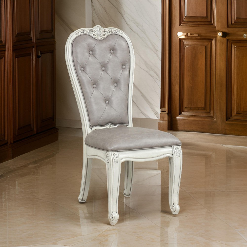 Ellia 26 Inch Side Dining Chair, Gray Tufted, Vintage Turned Feet, Ivory By Casagear Home