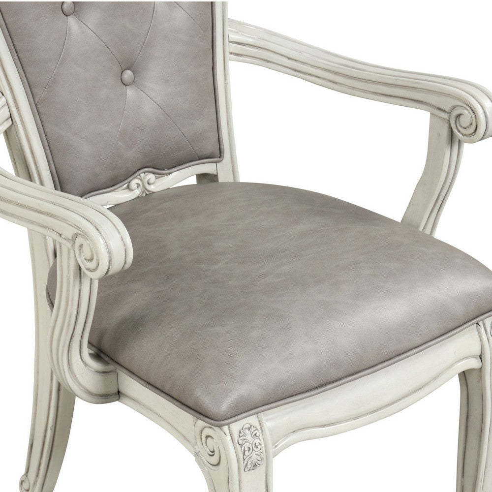 Ellia 26 Inch Side Dining Armchair Gray Tufted Vintage Turned Feet Ivory By Casagear Home BM316494