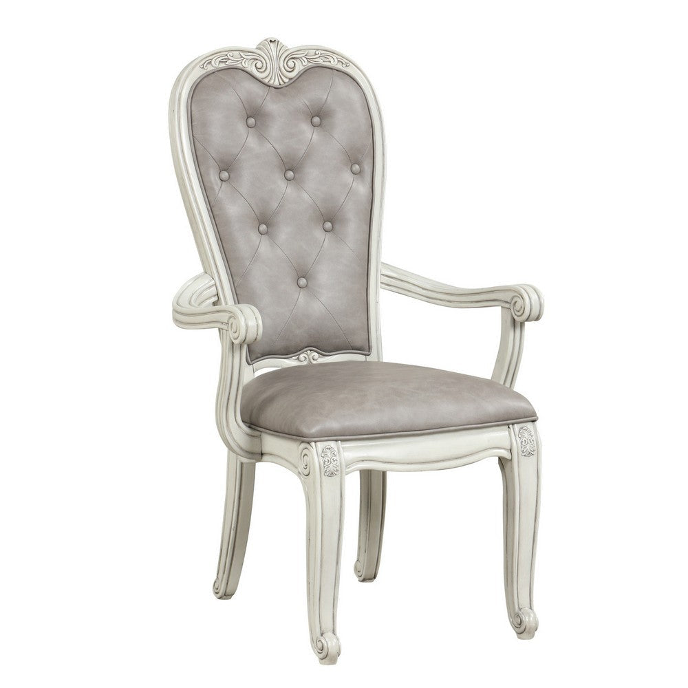 Ellia 26 Inch Side Dining Armchair Gray Tufted Vintage Turned Feet Ivory By Casagear Home BM316494