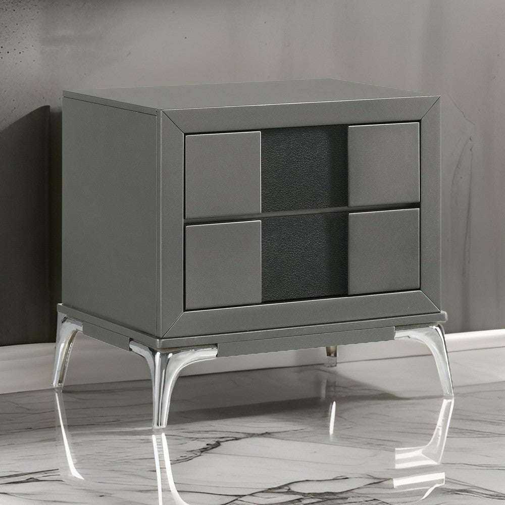 Rya 23 Inch Modern Nightstand with 2 Drawers, Gray Wood, Angled Chrome Legs By Casagear Home