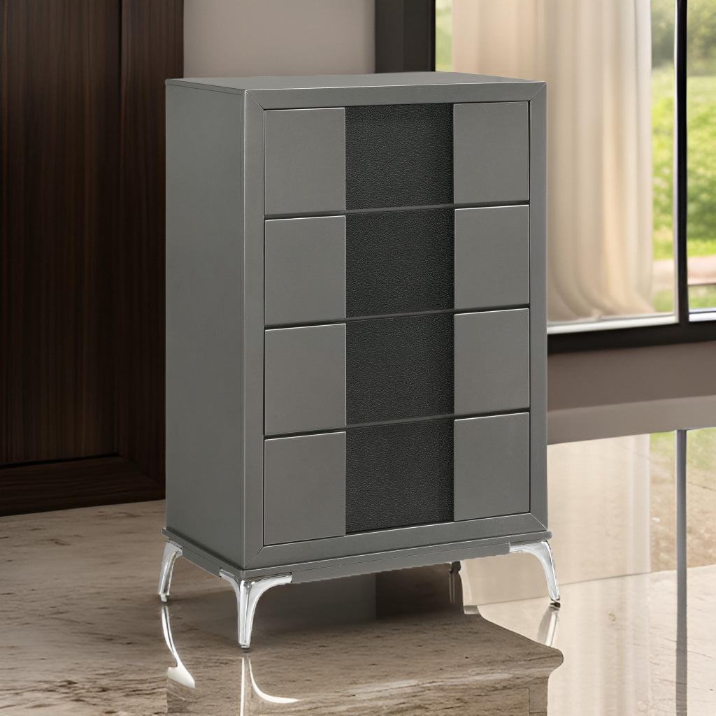 Rya 48 Inch Tall Dresser Chest, 4 Drawers, Gray Wood, Angled Chrome Legs By Casagear Home