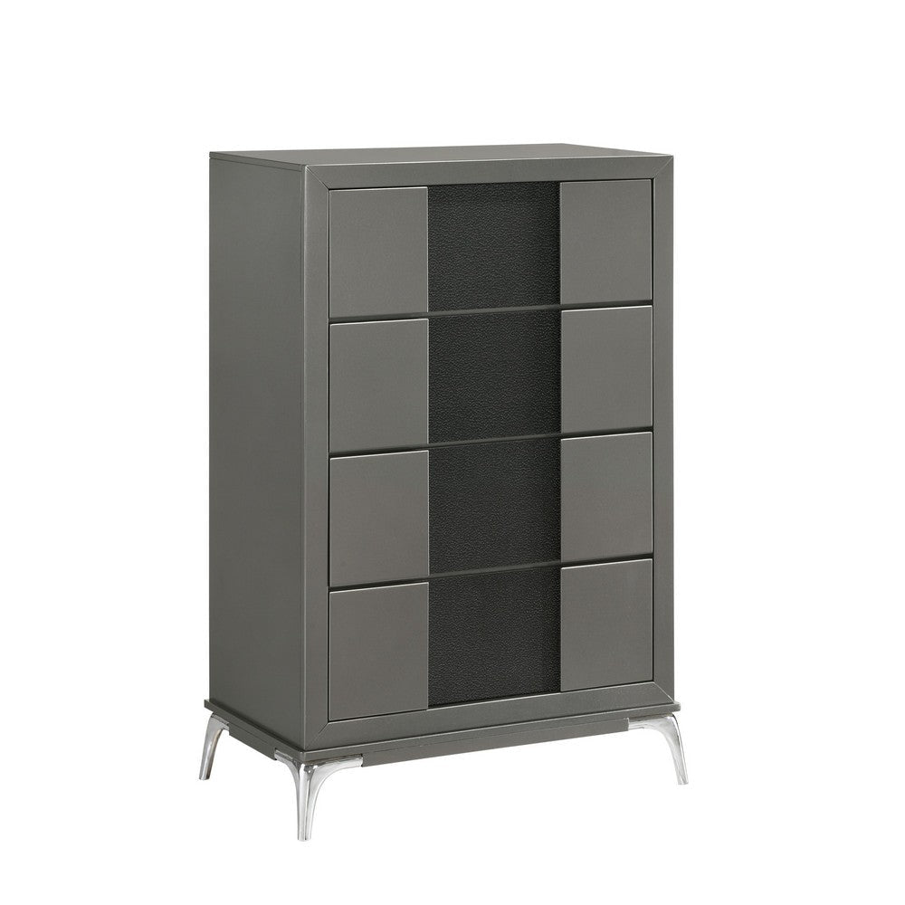 Rya 48 Inch Tall Dresser Chest, 4 Drawers, Gray Wood, Angled Chrome Legs By Casagear Home