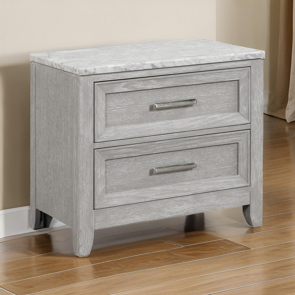 Ion 30 Inch Nightstand, 2 Drawers, White Marble Top, Farmhouse Gray Wood By Casagear Home