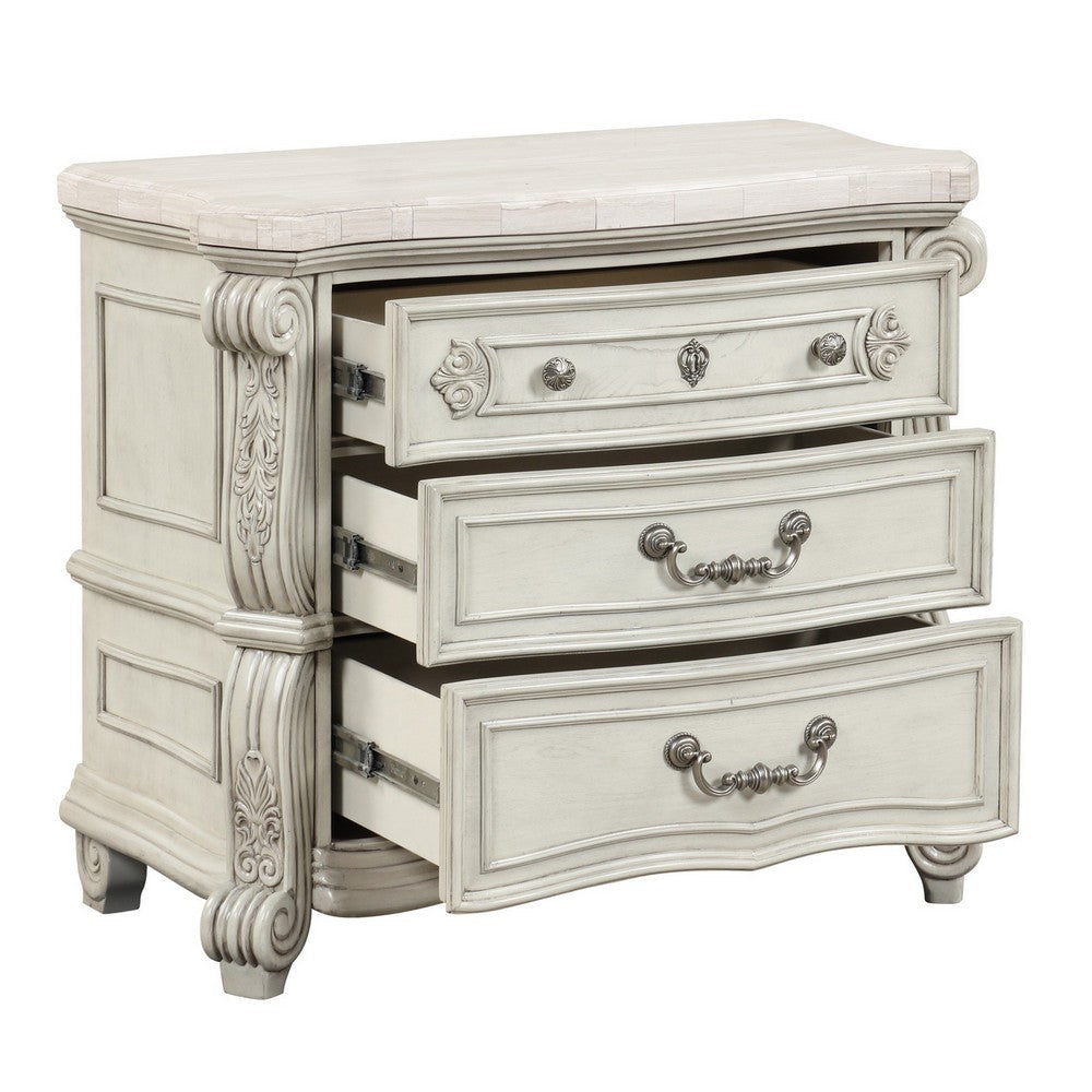 Ellia 32 Inch Nightstand Scrolled Design 3 Drawers Vintage Ivory White By Casagear Home BM316516