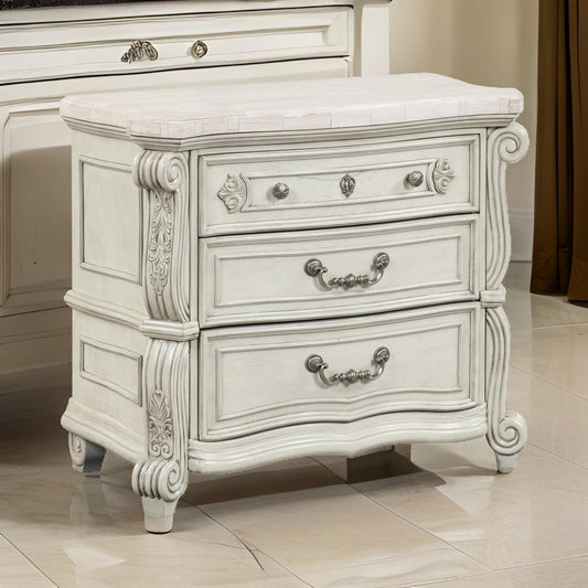 Ellia 32 Inch Nightstand, Scrolled Design, 3 Drawers, Vintage Ivory White By Casagear Home