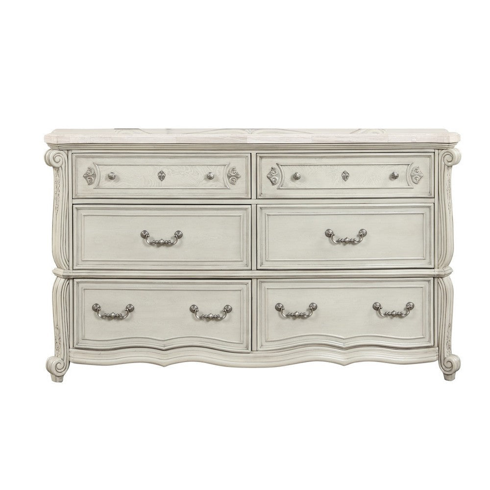 Ellia 68 Inch Wide Dresser Scrolled 6 Drawers Vintage Ivory White By Casagear Home BM316517