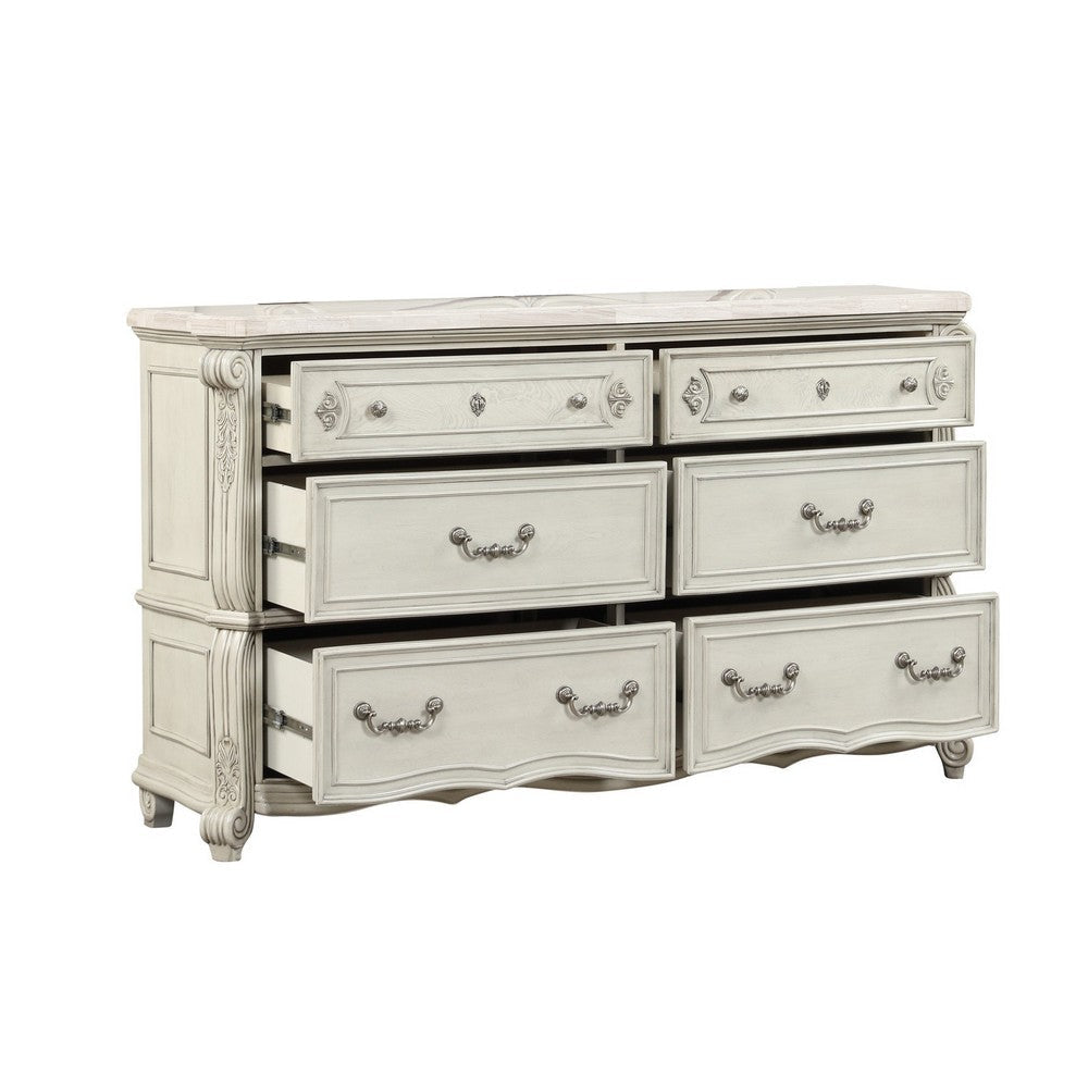 Ellia 68 Inch Wide Dresser Scrolled 6 Drawers Vintage Ivory White By Casagear Home BM316517