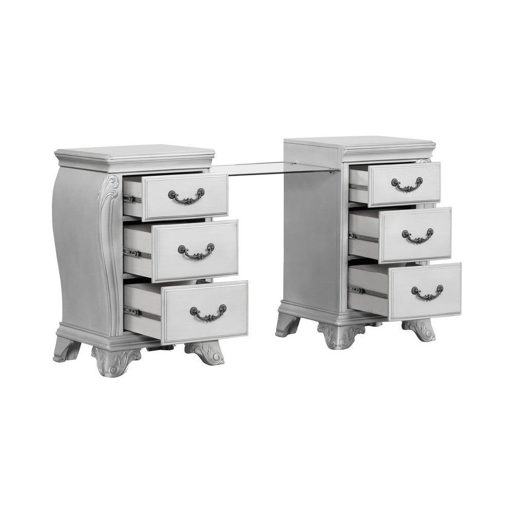 Hailey 67 Inch Vanity Table Glass Bridge 6 Drawers USB Scrolled Gray By Casagear Home BM316519