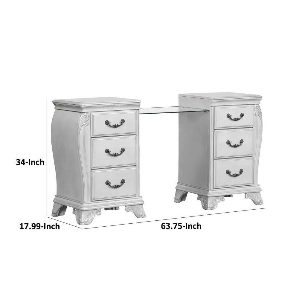 Hailey 67 Inch Vanity Table Glass Bridge 6 Drawers USB Scrolled Gray By Casagear Home BM316519