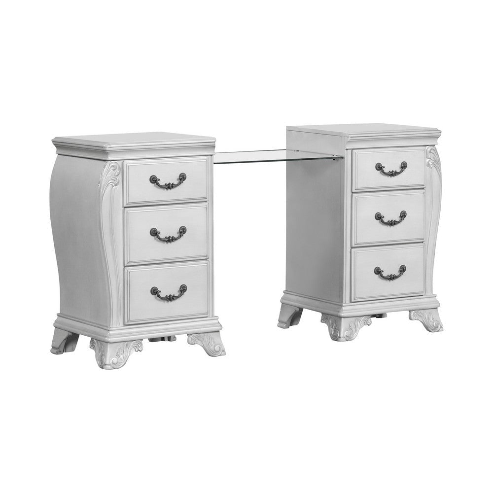 Hailey 67 Inch Vanity Table, Glass Bridge, 6 Drawers, USB, Scrolled Gray By Casagear Home