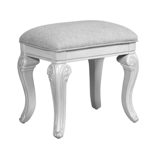 Hailey 19 Inch Royal Vanity Stool Scrolled Design, Gray Padded Top, Wood By Casagear Home