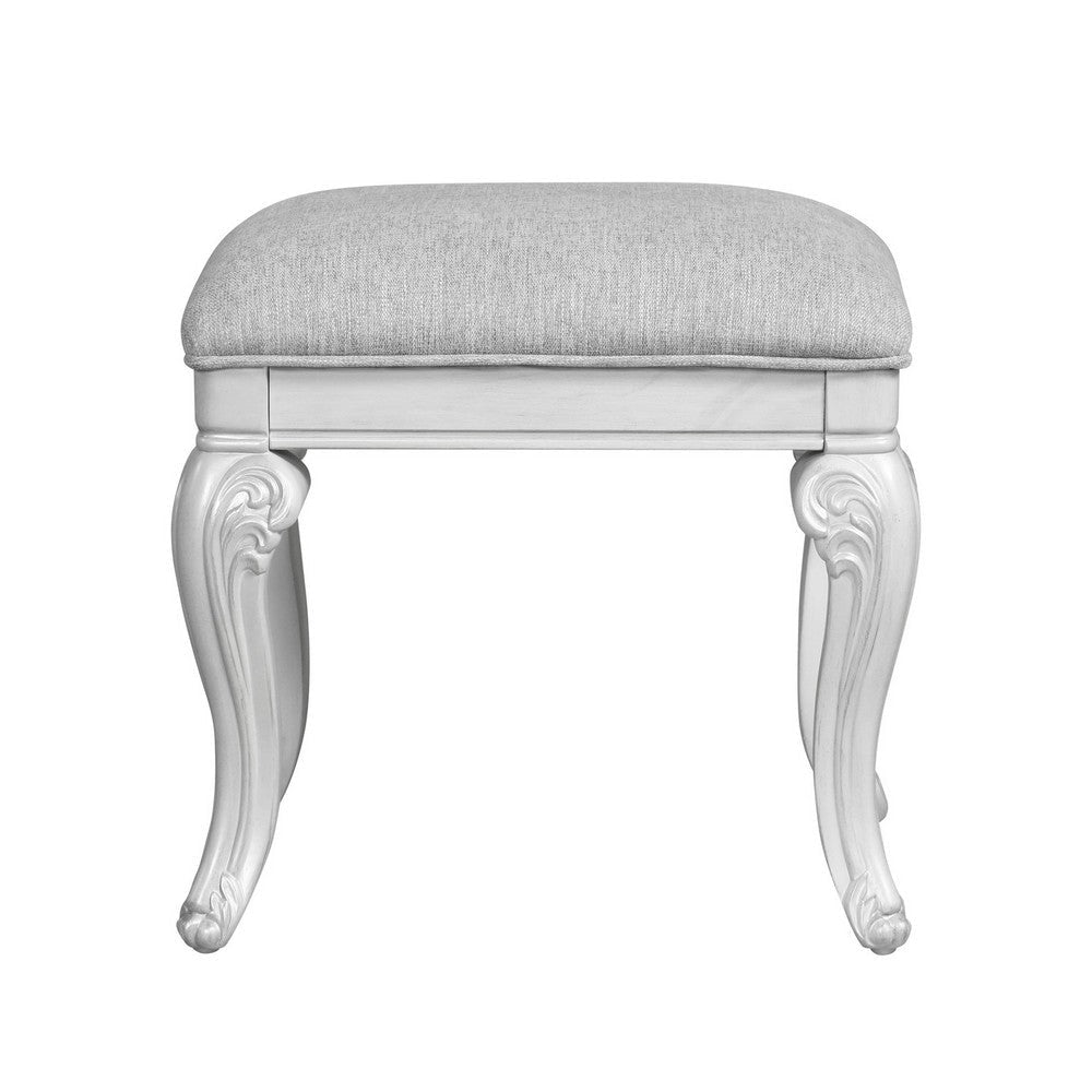 Hailey 19 Inch Royal Vanity Stool Scrolled Design Gray Padded Top Wood By Casagear Home BM316520