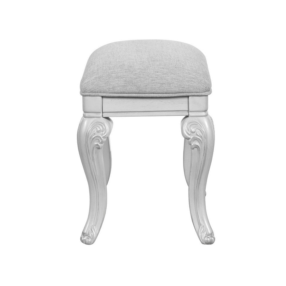 Hailey 19 Inch Royal Vanity Stool Scrolled Design Gray Padded Top Wood By Casagear Home BM316520