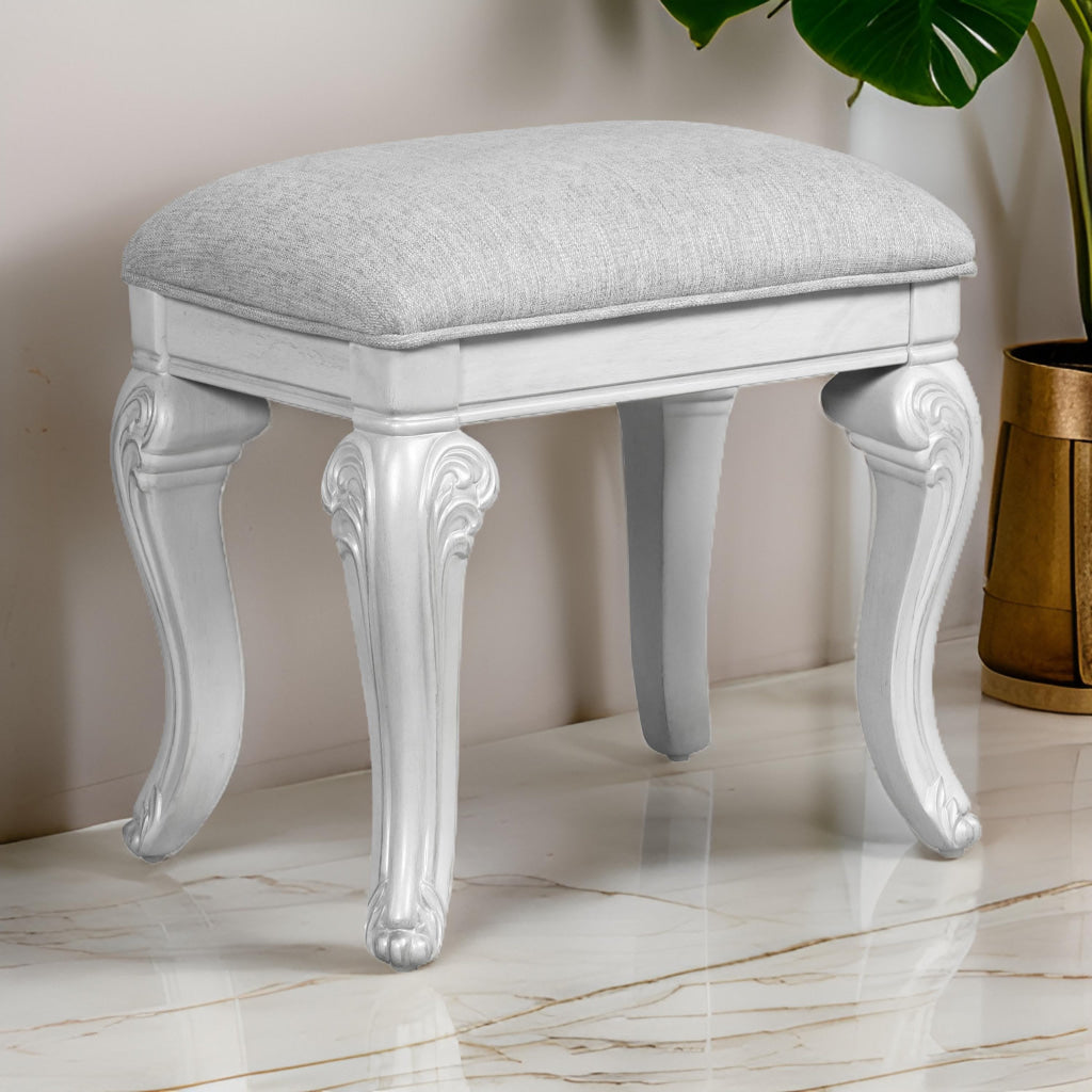 Hailey 19 Inch Royal Vanity Stool Scrolled Design Gray Padded Top Wood By Casagear Home BM316520